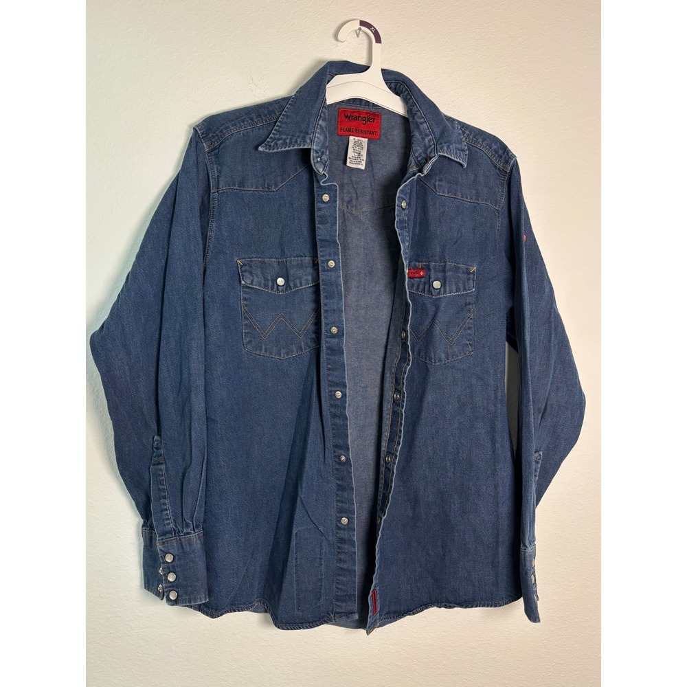 Wrangler FR Flame Resistant Denim Western Snap Work Shirt Blue HRC 2 Large